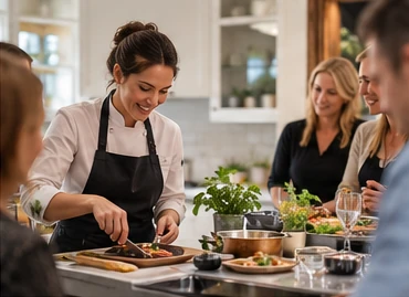 Female chef teaching a cookery demonstration to guests