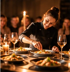 Female chef plating a meal for seated dinner guests